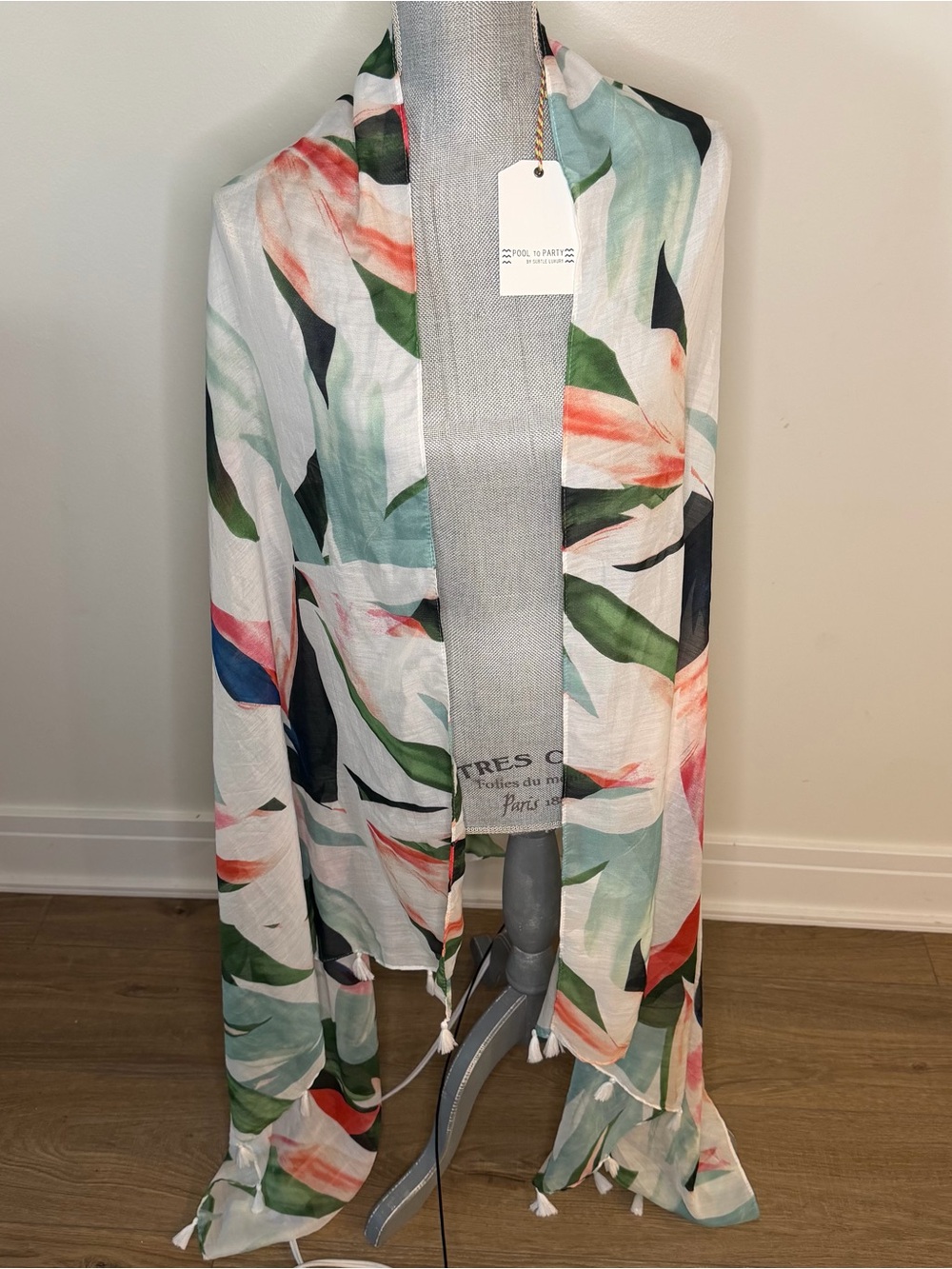 Subtle Luxury White Floral-Print Open Front Shawl with Green and Coral Accents